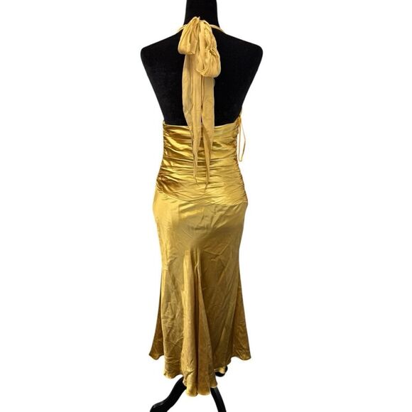 Cache Gold Silk Satin Halter Dress Size 2 NWT Vintage Glam Ruched Ruffle Gown - Picture 10 of 16